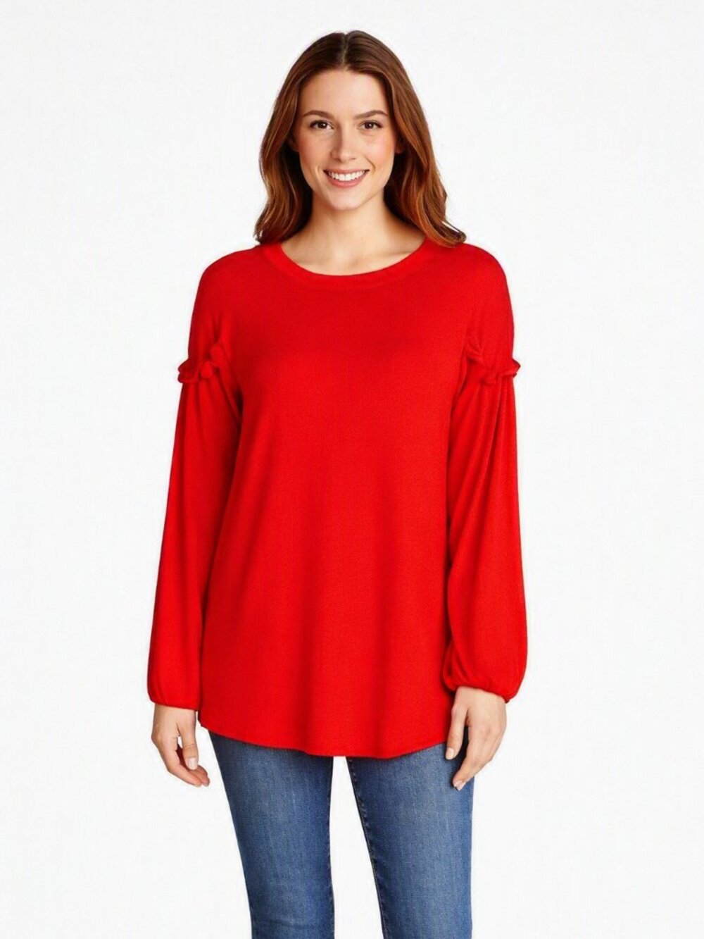 Umgee Red Ruffle Shoulder Blouse – Romantic Puff Sleeve Boho Chic – EUC M